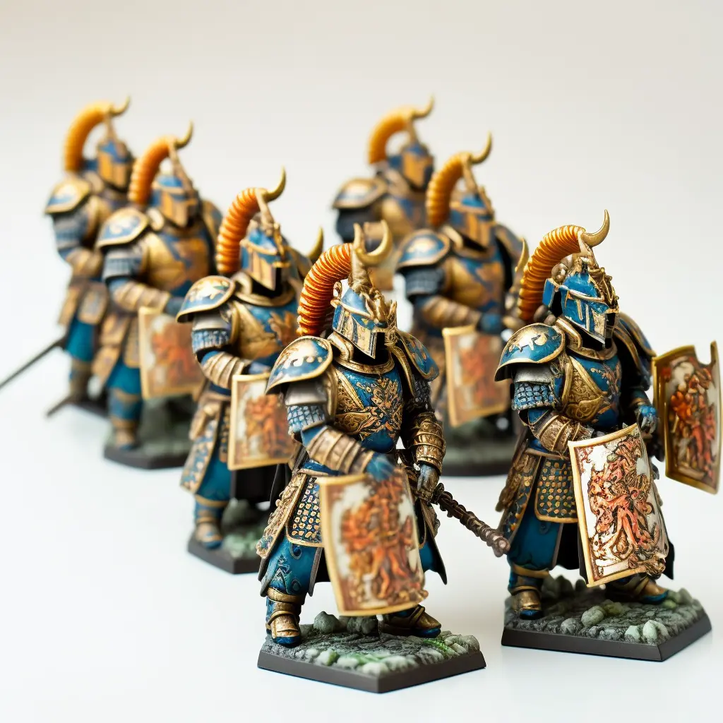 warhammer miniature of a row of ancient chinese knights, hand painted, plastic, detailed, white background, studio lighting, product photography